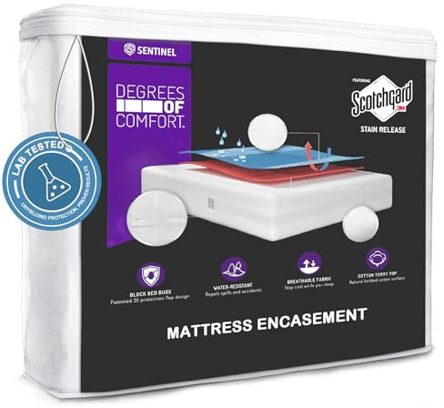 Degrees of Comfort Bed Bug Mattress Cover Queen Size - 13-15 Deep Pocket 3M Scotchgard Waterproof Zippered Encasement Protector, Breathable Cotton Terry Top