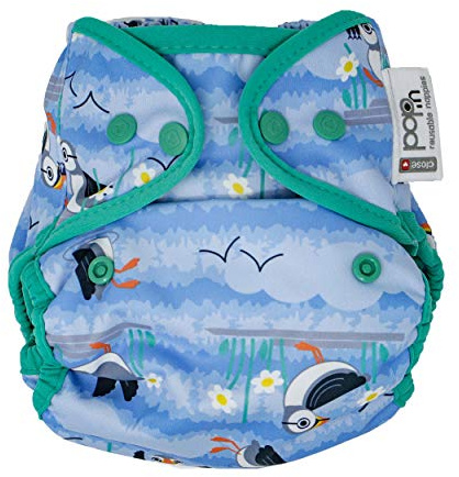 Close Pop-in Cobertor para pañal de tela reutilizable de bambú estampado Puffin, cierre corchete talla única unisex bebé.