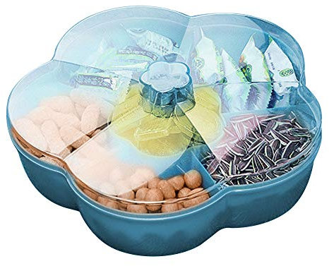 Boîte Alimentaire en Plastique avec Couvercle,Boîte Rangement Distributeur Snacks, Plateau de Service à Noix en Forme de Fleur,avec 6 Compartiments pour Le déjeuner et Le Camping, Bleu