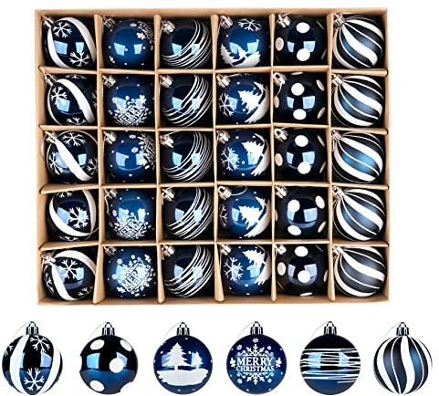 Weihnachtskugeln, 30 Stücke 6CM Kunststoff Christbaumkugeln Weihnachtsdeko mit Weihnachtsbaumschmuck Traditionelles Thema Dunkelblau Weiß, Weihnachtsbaum Bälle Dekorationen für Weihnachten
