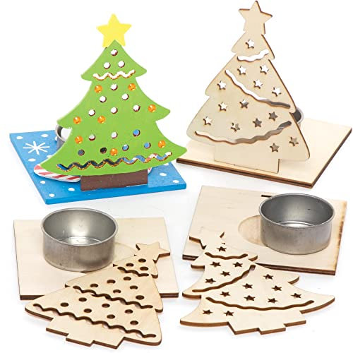 Baker Ross FE908 WeihnachtsbaumTeelichthalter Bastelset aus Holz - 4er Pack, Holzteelichthalter für Kinder zum Basteln und Bemalen, Weihnachtsbastelsets