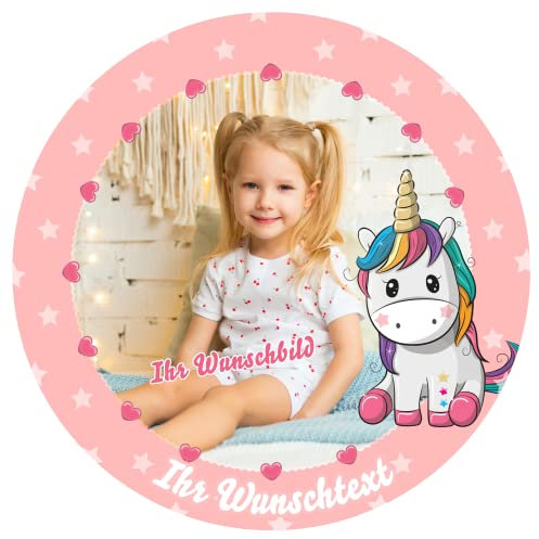 J&M DECO Personalisiert Tortenaufleger Einhorn – essbares Tortenbild mit eigenem Foto & Wunschtext – Ø 20 cm Kuchendekoration aus Zuckerpapier – individuelle Tortendeko für Geburtstag, Kinderparty