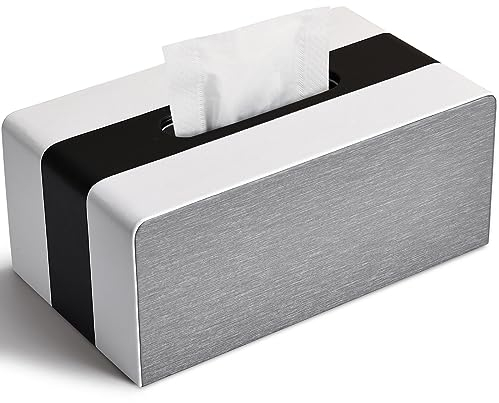 LADSTAG Kosmetiktücher Box Taschentuchbox aus PU Leder, Tücherbox Taschentücher Box Spender Tissue Cover Rechteckige, L×B×H: 25 × 13,7 × 9,4 cm (Schwarz + Weiß)