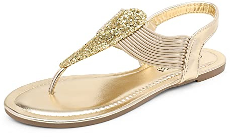 DREAM PAIRS Women's Elastic Strappy String Thong Ankle Strap Summer Gladiator Sandals,Size 7,Nude,SPPARKLY