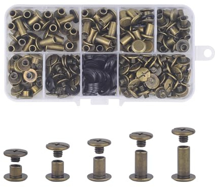 CANGCANG 100 Sets Chicago Binding Screws Posts,Book Binding Rivets,Rivets for Leather M5*4/6/8/10/12mm Kit 5 Sizes Cross Head Chicago Button Screws for Belt Bags Handbag(Bronze)