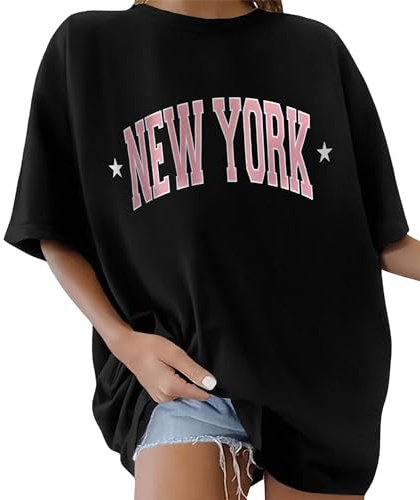Lonya T Shirt Femme Oversize Col Rond Grande Taille Tops Été Manches Courtes Vintage New York Imprimé De Lettres Y2K Casual Loose Tee Shirt Long Coton Sport Tops, A-Noir,M