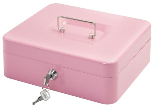 Steel Cash Box with Key Lock, Metal Small Money Organizer with Money Tray,Cash Storage Box with Lockable Cover (Pink-25 * 20 * 8.5 CM)