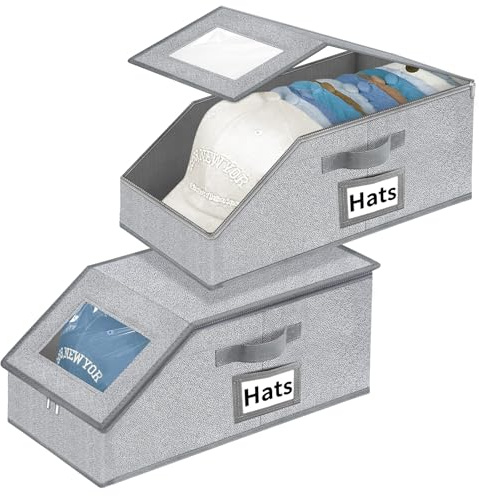 Organizer per cappelli da baseball, 2 pezzi, impilabili, con coperchio trasparente, cassetto e accesso flip-top, scatola per cappelli salvaspazio per armadio, tessuto traspirante, beige