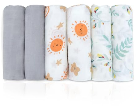 Salviette in mussola per bambini, 6 pezzi, in cotone, 80 x 80 cm, assorbenti e traspiranti, per neonati, ragazzi e ragazze (sole)