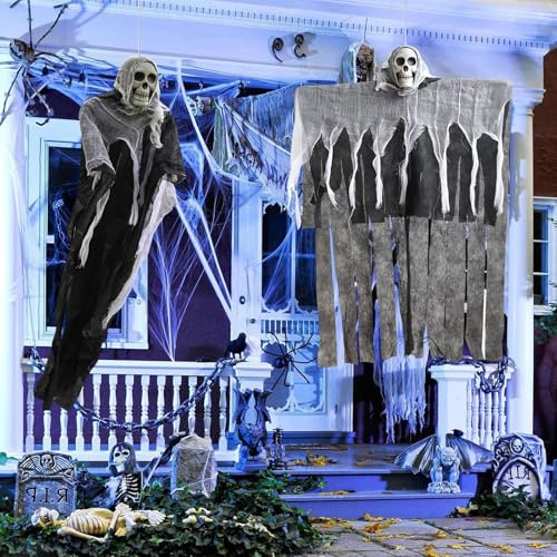Ajuanbazha Décoration Halloween Squelette Fantôme Suspendu, 2 Pièces Fantômes Effrayants avec Crâne et Gaze, Accessoires de Déco Horreur pour Maison Hantée, Jardin, Intérieur Ou Extérieur