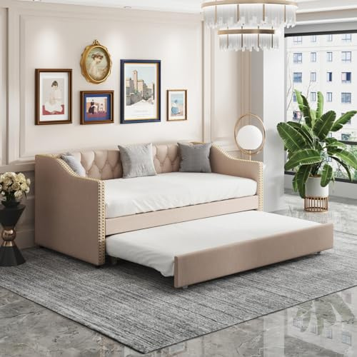 BestAlice Cama nido 90/180 x 200 cm, sofá cama convertibleen de tela lino, extensible, respaldo suave, diseño de remaches, camas acolchadas para día de invitados con somier de madera de madera beige