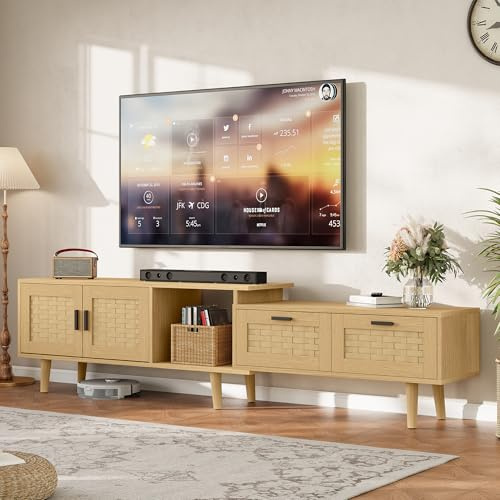 OLIVIBED Mobile TV da 180 cm, con 2 ante e 2 cassetti, in rattan, per TV da 80 pollici, tavolo per TV con scomparti aperti, ripiano basso per soggiorno, sala da pranzo, natura