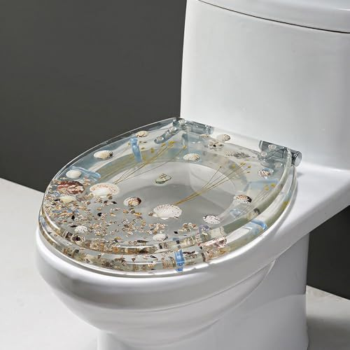 GJGSW Asiento de Inodoro, de Resina Transparente con Brillantina Plateada, con Bisagra de Cierre Suave y Liberación Rápida, Universal y con Efecto Decorativo 3D(Transparent Seabed)