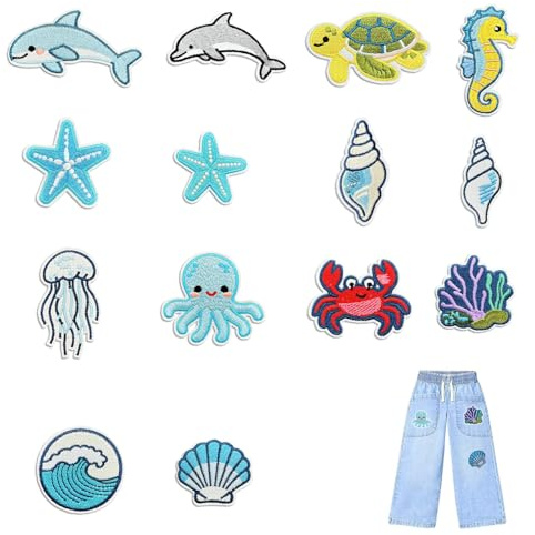 UZYXC 14 Pezzi Toppe Termoadesive Animali Marini – Toppe Da Stirare/Cucire, Ricami Per Abbigliamento, Cappello, Borsa, Jeans E Camicia, Graziosi Motivi Oceanici, Decorazione Estiva