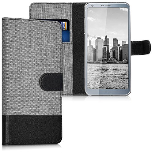 kwmobile Custodia Compatibile con LG G6 Cover Portafoglio - Case Chiusura Magnetica Portacarte Tessuto Similpelle grigio/nero