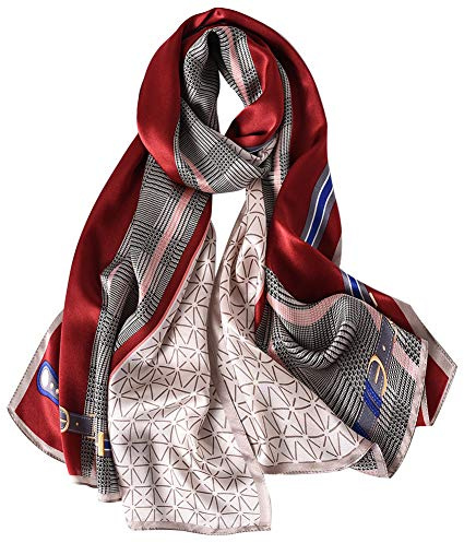 STORY OF SHANGHAI 100% Mulberry Silk Scarf for Women Red Plaid