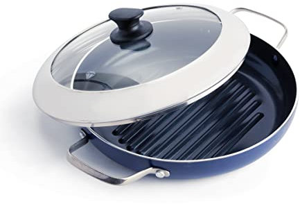 Blue Diamond Cookware Sartén Grill Cerámica Antiadherente Infusionada con Diamante de 28 cm con Tapa de Cristal, Sin PFAS, Para Asar, Barbacoa, Apta para Horno, Azul