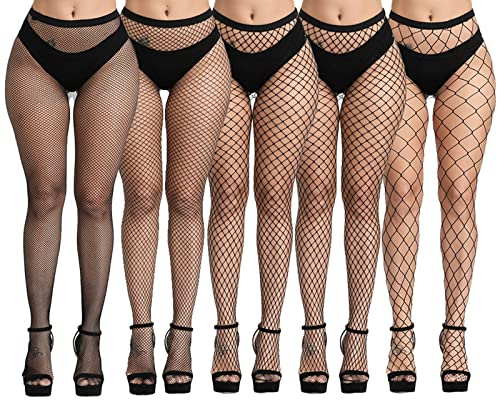DRESHOW 5 Paires Femme Sexy Élastique Collants Taille Haute Filets de Pêche Bas Résille Cuisse Haut Bas Collants