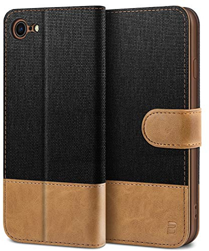 BEZ® Coque pour iPhone SE 2020, Etui pour iPhone SE 2020 / iPhone 7 / iPhone 8 / iPhone SE 2022, Housse en Cuir de Protection, Portefeuille en Cuir Polyuréthane, Fermeture Magnétique, Noir