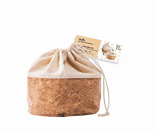 Nuts Textiler Kork Brotbeutel mit Kordel | Grösse S | Brotsack | Brot nachhaltig aufbewahren | Als Aufbewahrung von Brot | Plastikfrei | Brotkorb | Hält alle Arten von Broten frisch | 100% Baumwolle