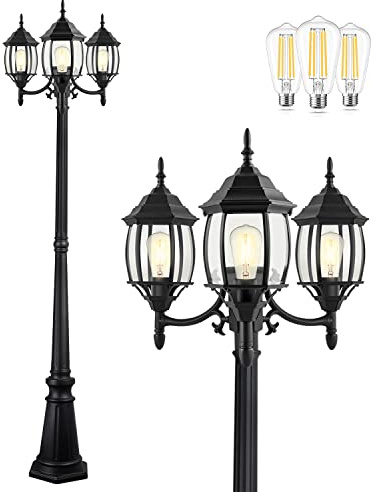 PARTPHONER Outdoor Lamp Post Light 3-Head, Classic Black with Clear Glass Panels, E26 Base Maximum 100W (3 LED Bulbs Included), Waterproof Street Light for Backyard, Garden, Driveway
