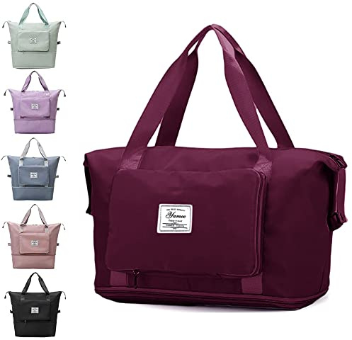Large Capacity Folding Travel Bag - Lightweight Waterproof Carry On Luggage with Fixed Strap, Dry & Wet Separation - Foldable Travel Duffel for Sports & Gym (Wine Red)