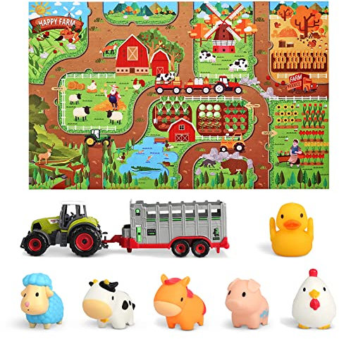 Sac de transport pour tracteur d'animaux de la ferme avec tapis de 129.9x80 cm, tapis de jeu pour enfants de 3, 4, 5, 6 ans, garçons et filles, lot de 6 jets de bain pour tout-petits et anniversaires