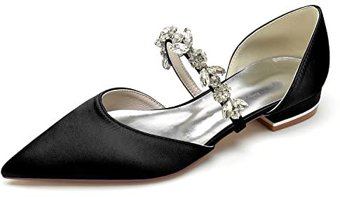 2.5cmWedding Shoes for Bride Low Heel Womens Ballet Flat Slip-on Dress Platform Pumps Bridal Flats Shoes Satin Crystal Bridesmaid Shoes Women's Ballerina Shoes Wide Fit Sandals,Black,7 UK