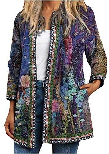 Keepink Womens Jacket Autumn Clothes Vintage Floral Print Indian Ethnic Print Long Coat Oversize Open Front Long Sleeve Cardigans Outerwear with Pockets
