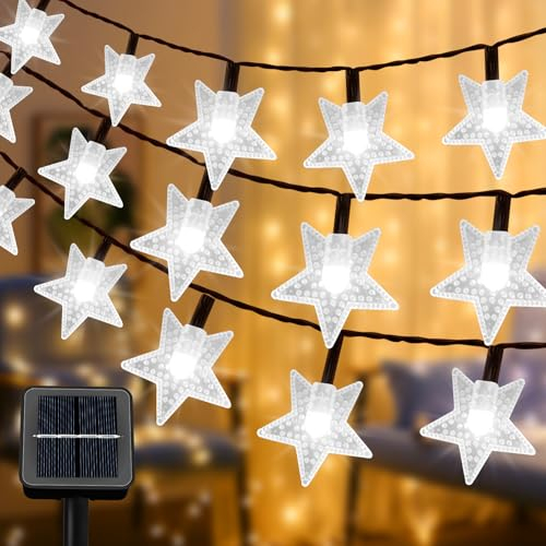 Qoosea Luci a Stringa Stellare Solari 14M 120LED Luci Natalizie Giardino 8 Modalità Luci a Stringa da Esterno Impermeabile per Decorazione di Natale Giardino Cortile Recinto Festa (Bianco Freddo)