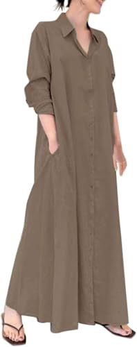 ThiCc Women's Cotton Linen Maxi Shirt Dress - Casual Loose Fit Long Sleeve Button Down V Neck Collared Tunic Blouse with Pockets Smock Long Dresses Business Casual Vacation Beach Outfit (3XL,Brown)