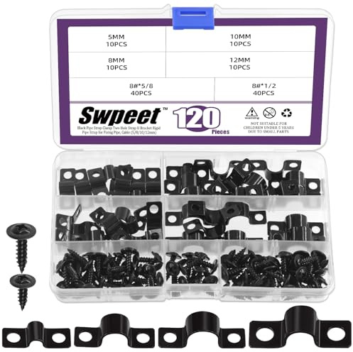 Swpeet 120Pcs 4 Sizes 5mm 8mm 10mm 12mm Two Hole U Bracket Clamp with Screws Assortment Kit, U-Clamps, Metal Pipe Clamps, Pipe Strap Clamps, Conduit, Tension Clips for Fixing Pipe or Cable