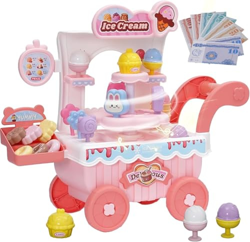 Giocattolo Gelato,38pcs Carrello Della Spesa per Bambini con Lecca-lecca,Cioccolato,Gelato,Ciambelle,Musica,Gioco di Ruolo Carrello Giocattolo Playset Educativo per Bambini da 3+ anni(Rosa)
