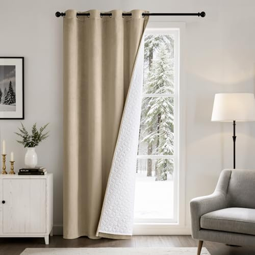 EMEMA Blickdichte Vorhänge Doppellagige Samt Thermovorhang Wärmeisolierend Kälteschutz Verdunklungsvorhang 1 Stück Vorhang Raumteiler Türvorhang den Wind, Kälteschutzvorhang Winter H260xB132 Beige