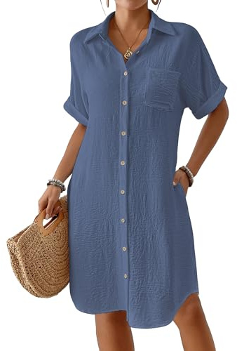 Bsubseach Long Button Down Beach Shirt Dress with Pockets Airy Blue L