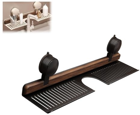 Étagère murale à ventouse pour salle de bain et cuisine en noyer, étagère murale au-dessus du robinet, organiseurs de robinet d'évier amovibles, support de rangement pour robinet en bois (noir, 40 cm)