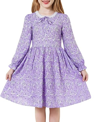 JiAmy Blomklänning flicka långärmad A-linje rund urringning med spets prinsessklänning festklänningar med fickor 4–10 år, lila, 8-9 år
