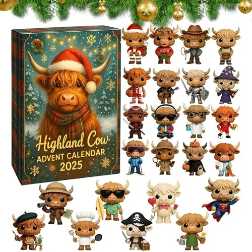 Highland Cow Advent Calendar 2025, Advent Calendar 2025 for Women and Men, 24 Days Christmas Countdown Calendar with Cute Mini Highland Cow Ornaments, Xmas Decorations (A)