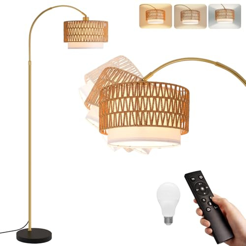 Woiledlt Lámpara de pie de arco para salón, estilo bohemio dorado: lámpara de pie de ratán, regulable con mando a distancia, lámpara de arco con 1 LED de 9 W, altura ajustable 165-180 cm