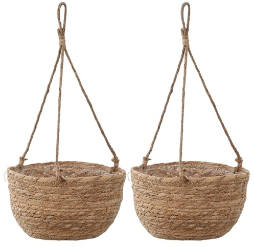Xdyyjrasa Vaso da fiori sospeso a forma di ciotola con tifa e corda di carta – 2 cestini per piante per interni ed esterni, piccolo
