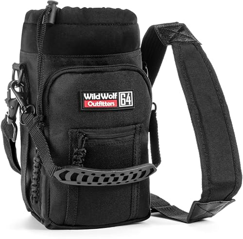 Wild Wolf Outfitters Water Bottle Carrier Holder with Adjustable Strap and 2 Pockets for Hands-Free Walking and Hiking | Black, 1.9 L