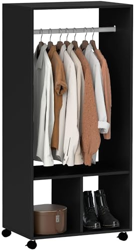 HOMCOM Armoire Penderie Dressing 60L x 40l x 128H cm Noir | Étagère, 2 Niches, 4 Roulettes Pivotantes
