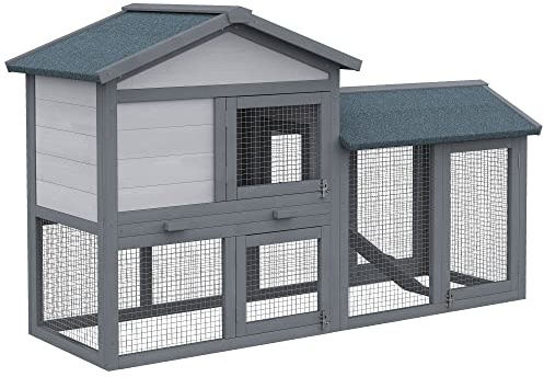 PawHut Wooden Rabbit Hutch Outdoor, Double Tier Guinea Pig Hutch, Small Animal House Water-Resistant Roof Ramp Pull-out Tray 147 x 54 x 84 cm, Grey