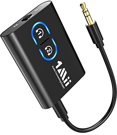1Mii Trasmettitore Ricevitore Bluetooth 5.3 per TV, Adattatore con Jack Aux 3,5mm, aptX Bassa Latenza & HD Audio con Batteria da 12 Ore per Impianto Stereo, 2 Cuffie, Auto
