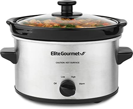 Elite Gourmet MST-275XS - Olla de cocción lenta ovalada eléctrica, temperatura ajustable, entrantes, salsas, guisos y inmersiones, tapa de vidrio y vajilla (2 cuartos de galón, acero inoxidable)