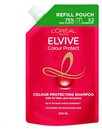 L'Oréal Paris Shampoo For Coloured Hair, Elvive Colour Protect Refill Pouch With Red Peony And UV Filters, Prolongs Colour Vibrancy And Radiance For 10 Weeks, Sustainable Value Format, 500ml Bottle