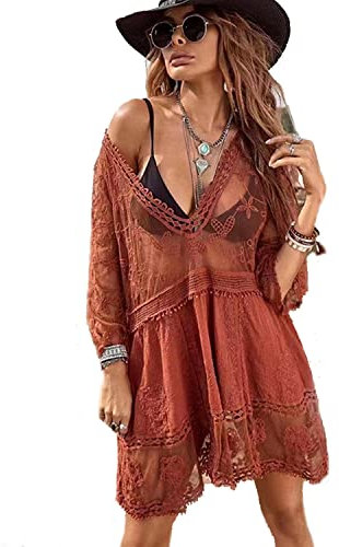 Womens Beach Dresses Crochet Lace Bikini Cover Up See Through Hollow Out Floral Beachwear 3/4 Sleeve