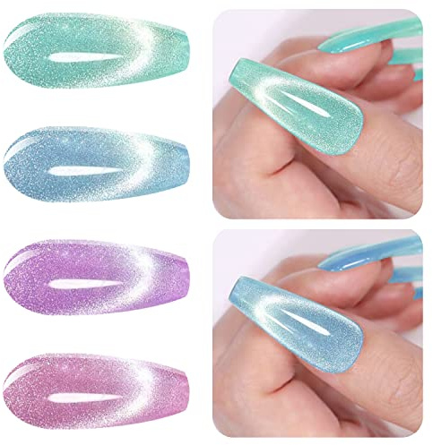Vishine Smalto Gel Semipermanente Magnetico, Confezione da 4 Smalto per Unghie Cat Eye Glitter Olografico Cat Eye UV Semi-Permanente Glitter Lucido Auroras Snowlight Cat Eye Nail Art 8ml