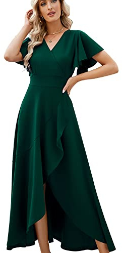 ZZV Formal Dresses for Women,Gowns Evening Party Cocktail Dress,Long Split Elegant V Neck Wrap Ruffle Wedding Guest Dresses Dark Green-XXL