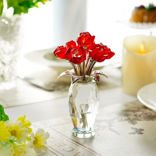H&D HYALINE & DORA röd kristall ros blomfigur, glas blomma bukett gåvor för kvinnor, handgjord kristall blomma samlarobjekt